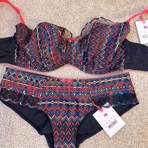 NWT Cleo by Panache Lottie Balconette Bra 36F and Brief M in Aztec Print - set